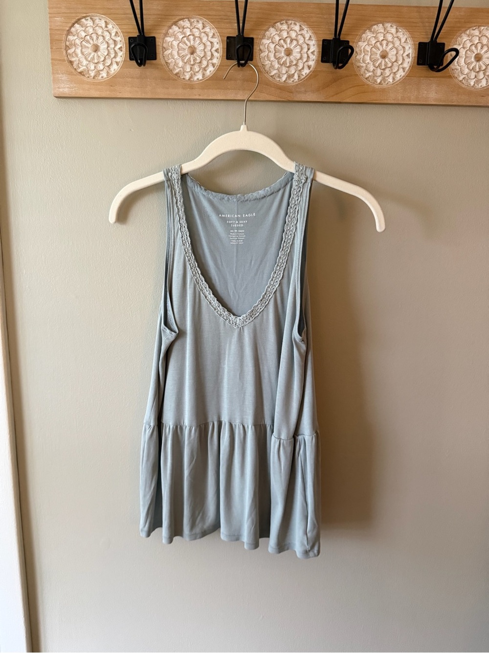American Eagle Light Green Lace-Trim Peplum Tank